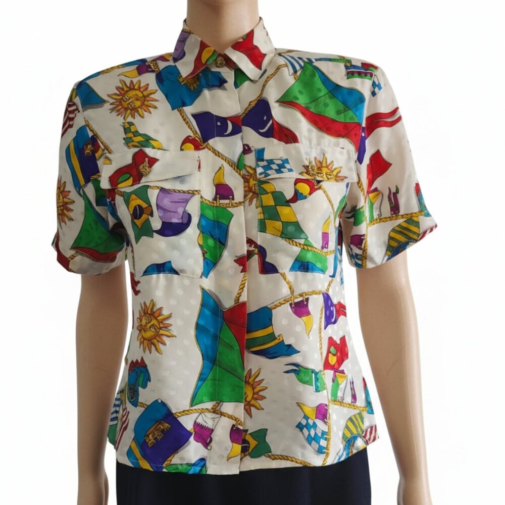 Vintage Maggy London Petites Silk Blouse Short Sleeves Pleated Colorful Womens 2